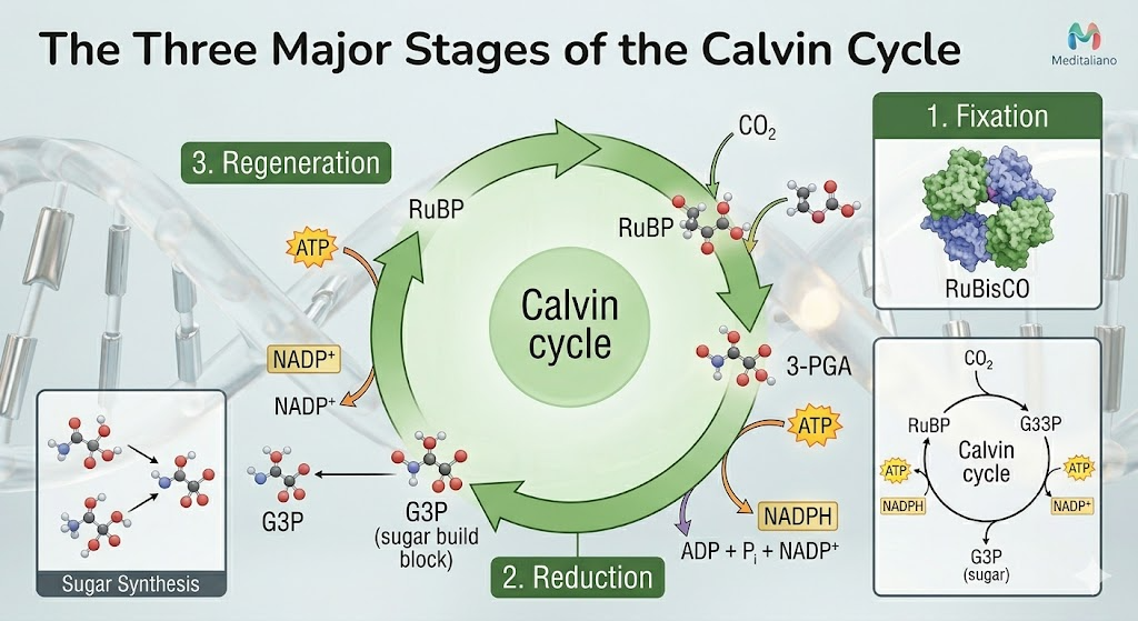 The three major stages of calvin cycle