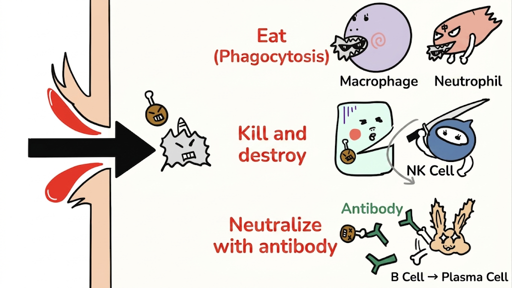 Core immune functions: phagocytosis, cytotoxic destruction and antibody responses